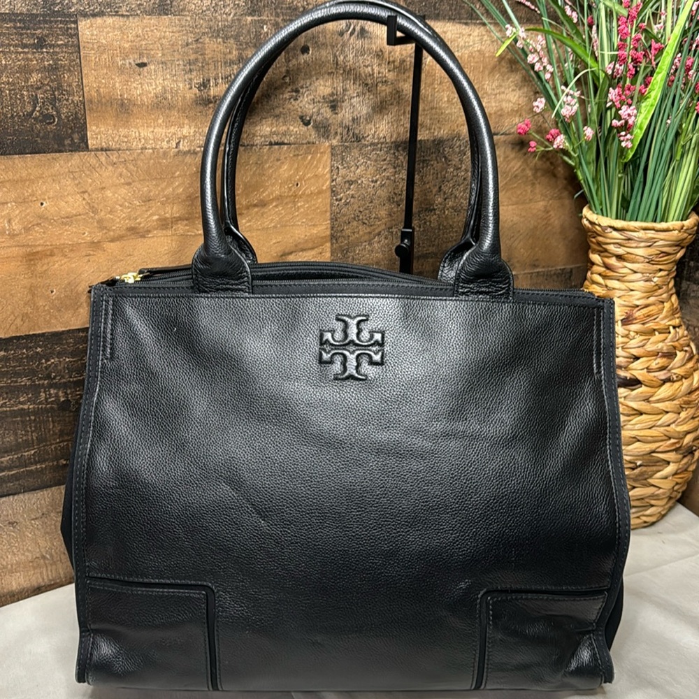 Tory Burch Black Leather Double Handle Multiple Inner Pockets Tote Bag